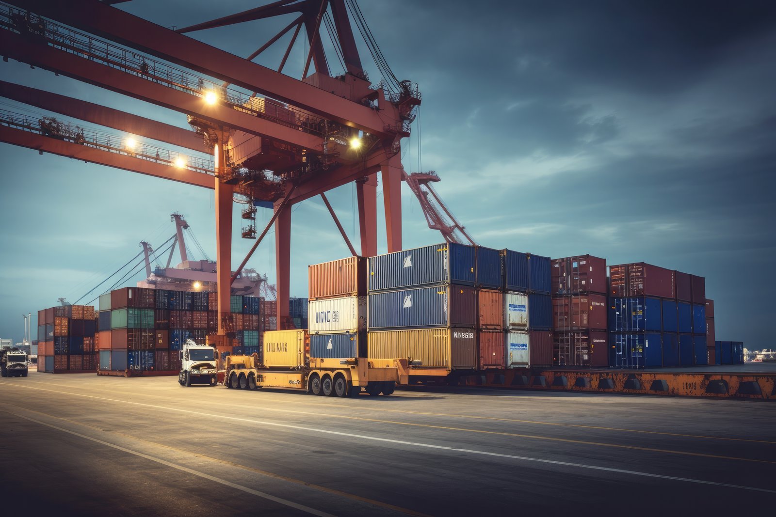 Cargo containers and cranes at a port at sunrise