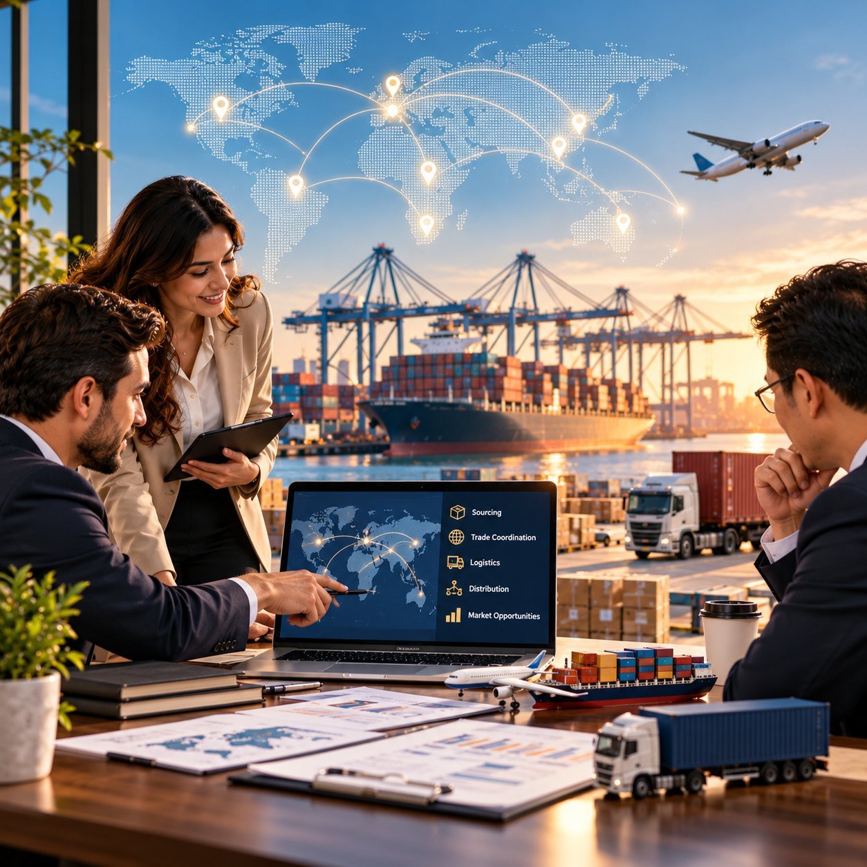 Business team coordinating global logistics with a port in the background