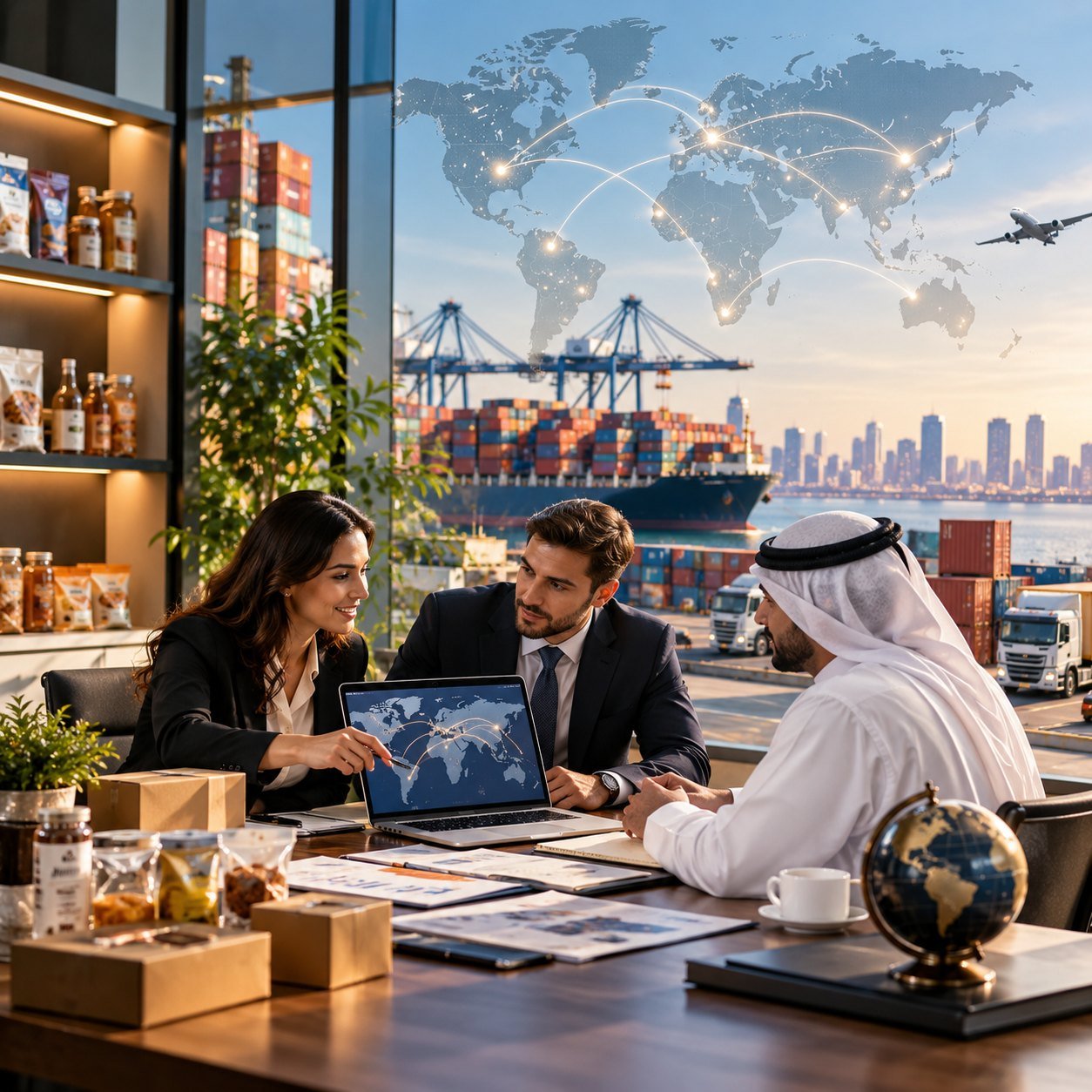 Trade partners reviewing international opportunities together