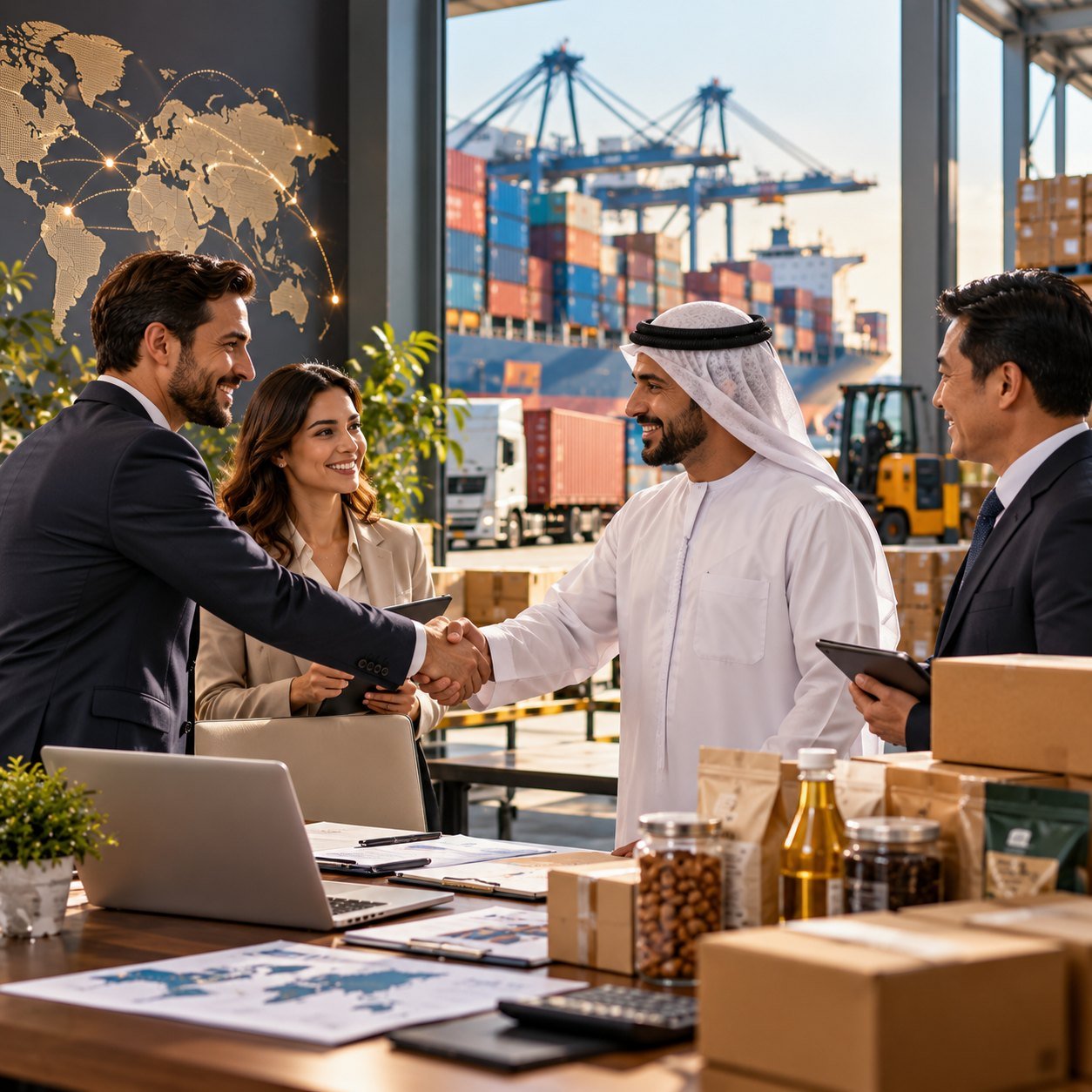 International business partners discussing trade near a container port