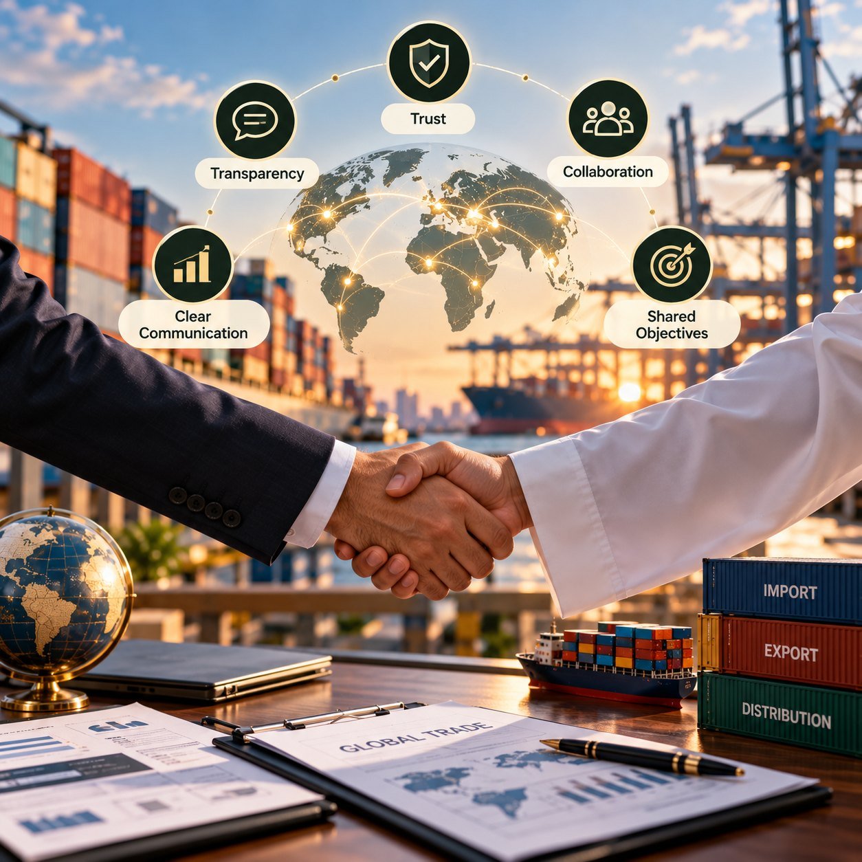 Global network values illustrated as trust, transparency, collaboration, communication, and shared objectives