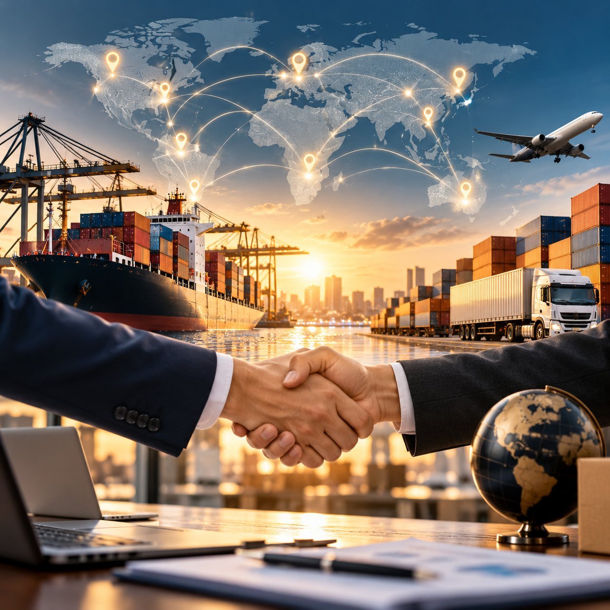 Business partners shaking hands against a map of global trade routes
