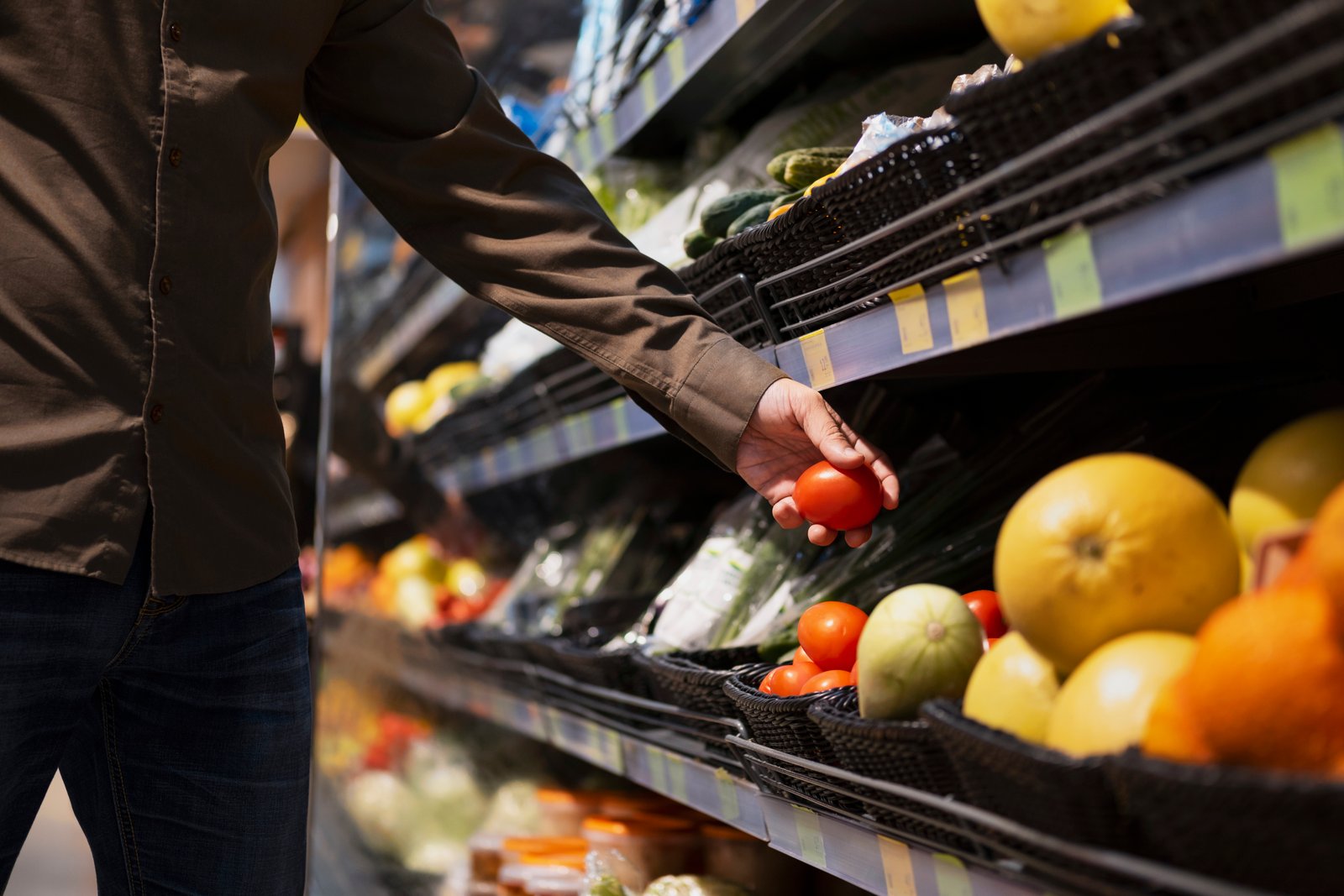 Customer selecting fresh produce in a grocery store