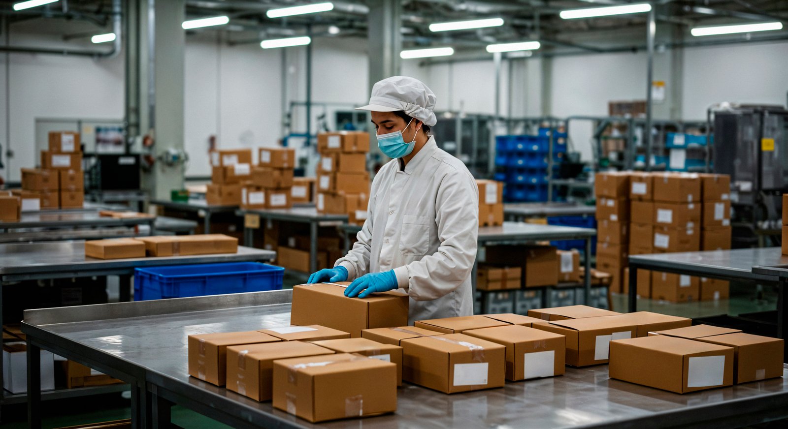 Factory worker packaging products for distribution