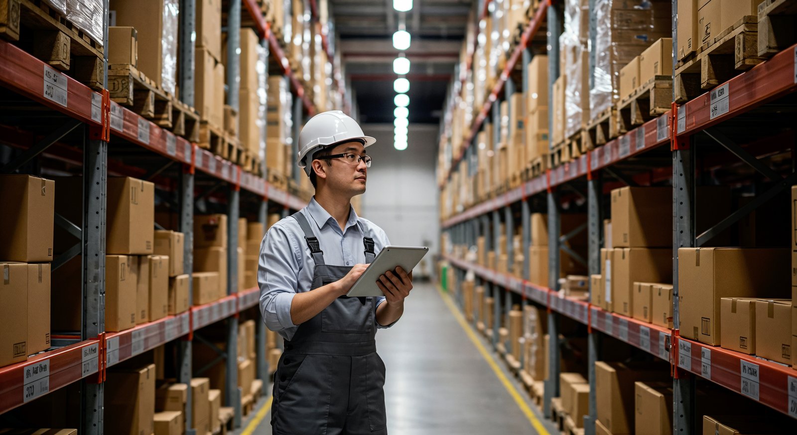 Warehouse worker checking stock on a tablet
