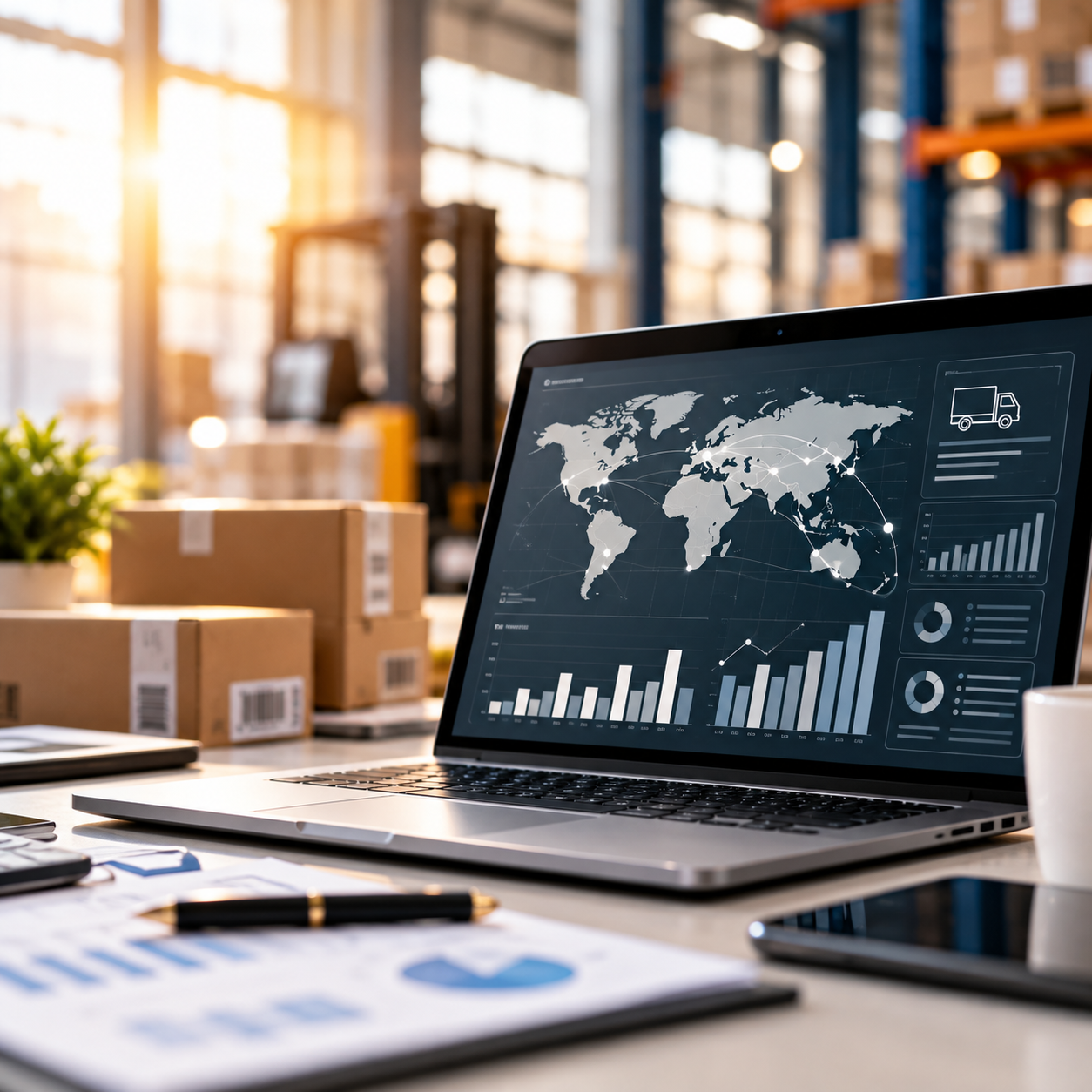 Logistics analytics dashboard showing a world map and charts