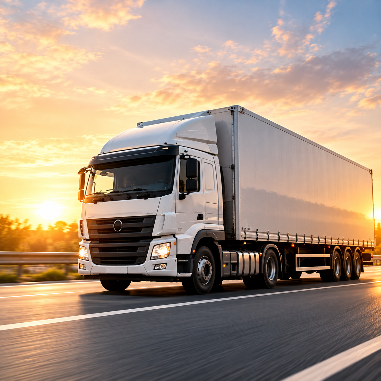 Freight truck moving goods along a highway at sunset
