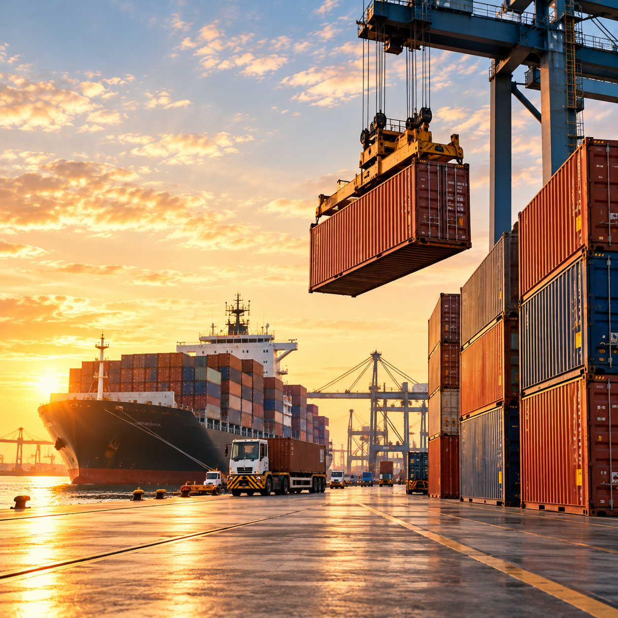 Cargo port cranes loading a container ship at golden hour
