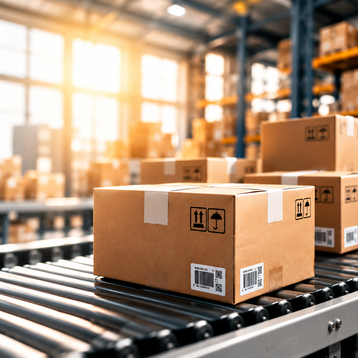Shipping boxes moving through a sunlit warehouse