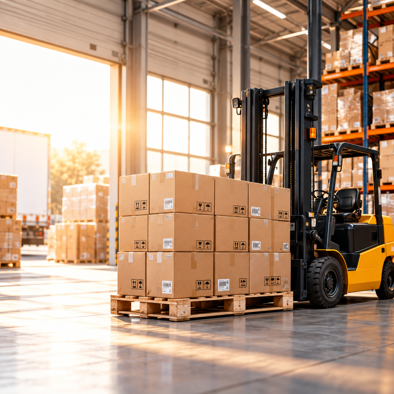 Forklift moving a pallet of boxes inside a warehouse